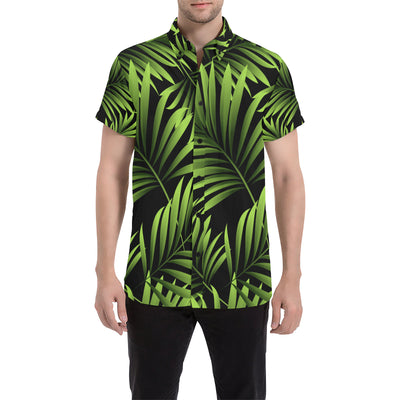 Green Neon Tropical Palm Leaves Men's Short Sleeve Button Up Shirt