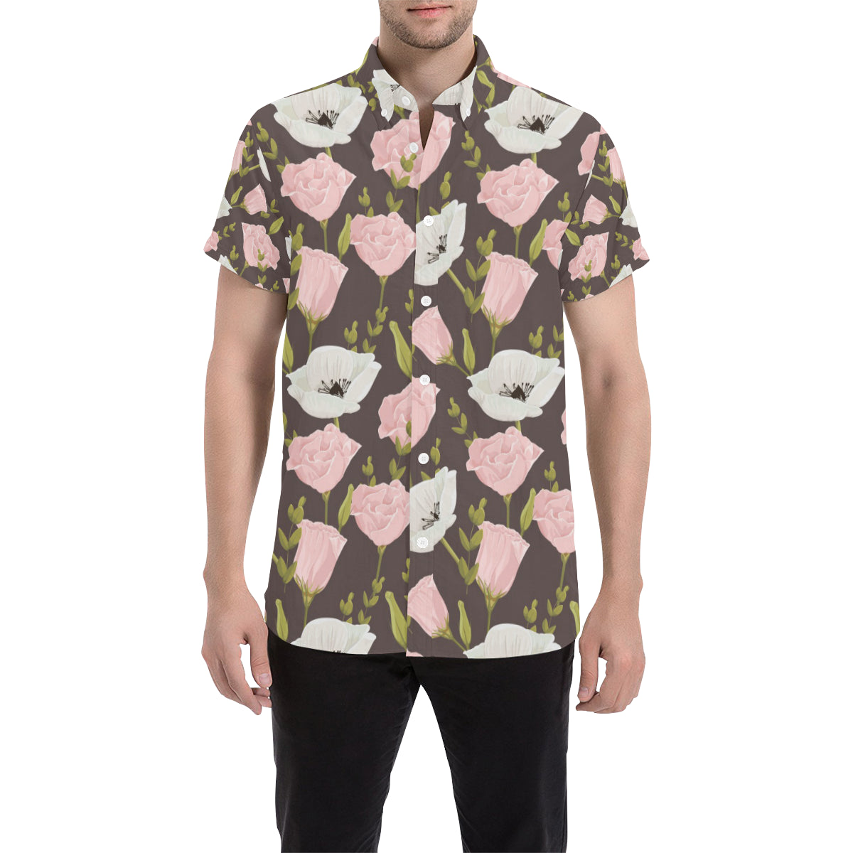 Anemone Pattern Print Design AM011 Men's Short Sleeve Button Up Shirt
