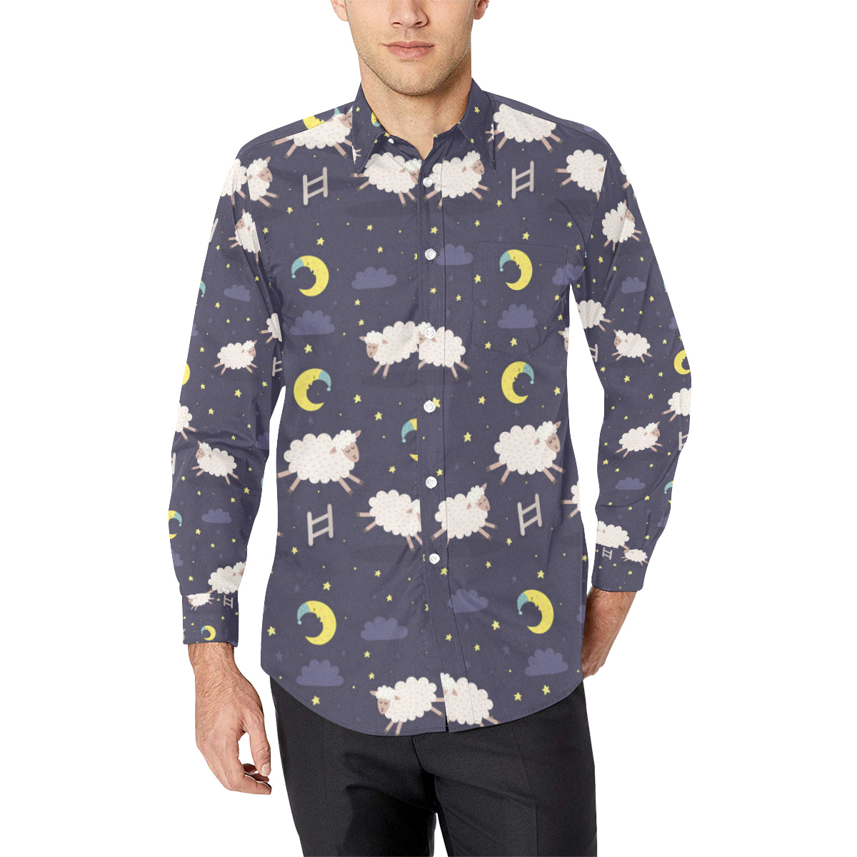 Sheep Night Pattern Print Design 02 Men's Long Sleeve Shirt