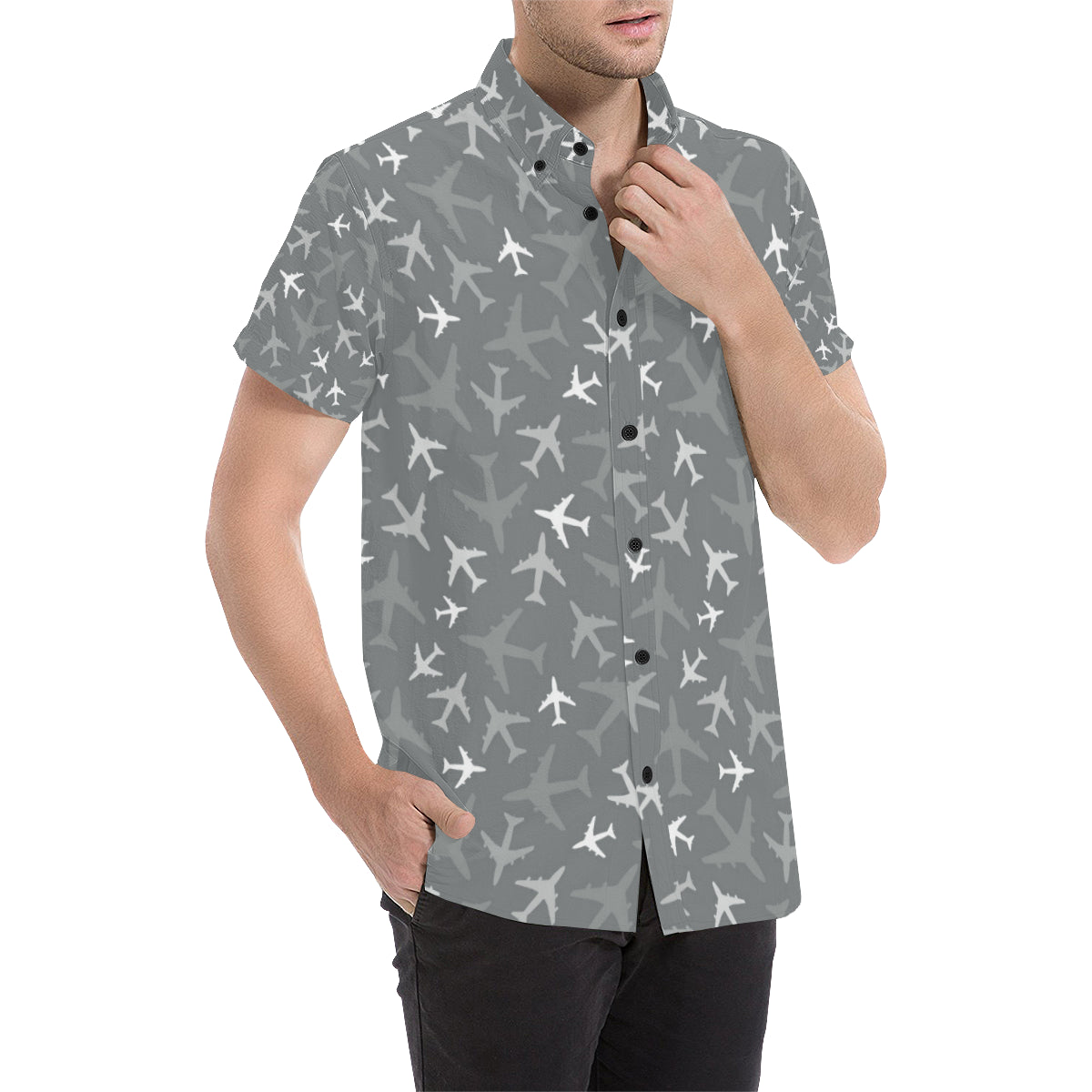 Airplane Pattern Print Design 02 Men's Short Sleeve Button Up Shirt