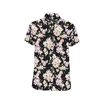 Orchid White Pattern Print Design OR03 Men's Short Sleeve Button Up Shirt