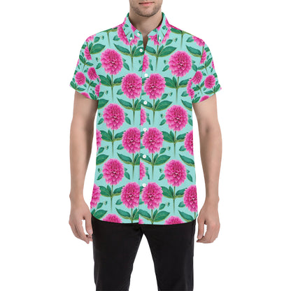 Dahlia Pattern Print Design DH08 Men's Short Sleeve Button Up Shirt