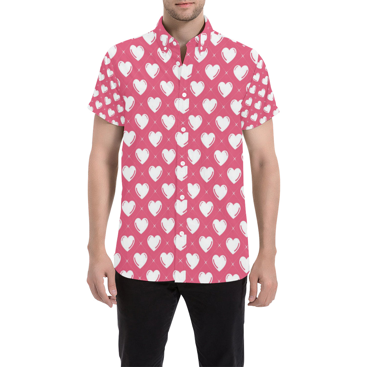Heart Pattern Print Design HE07 Men's Short Sleeve Button Up Shirt