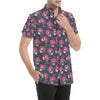 Sugar Skull Pink Rose Themed Print Men's Short Sleeve Button Up Shirt