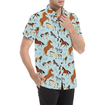 Horse Cute Themed Pattern Print Men's Short Sleeve Button Up Shirt