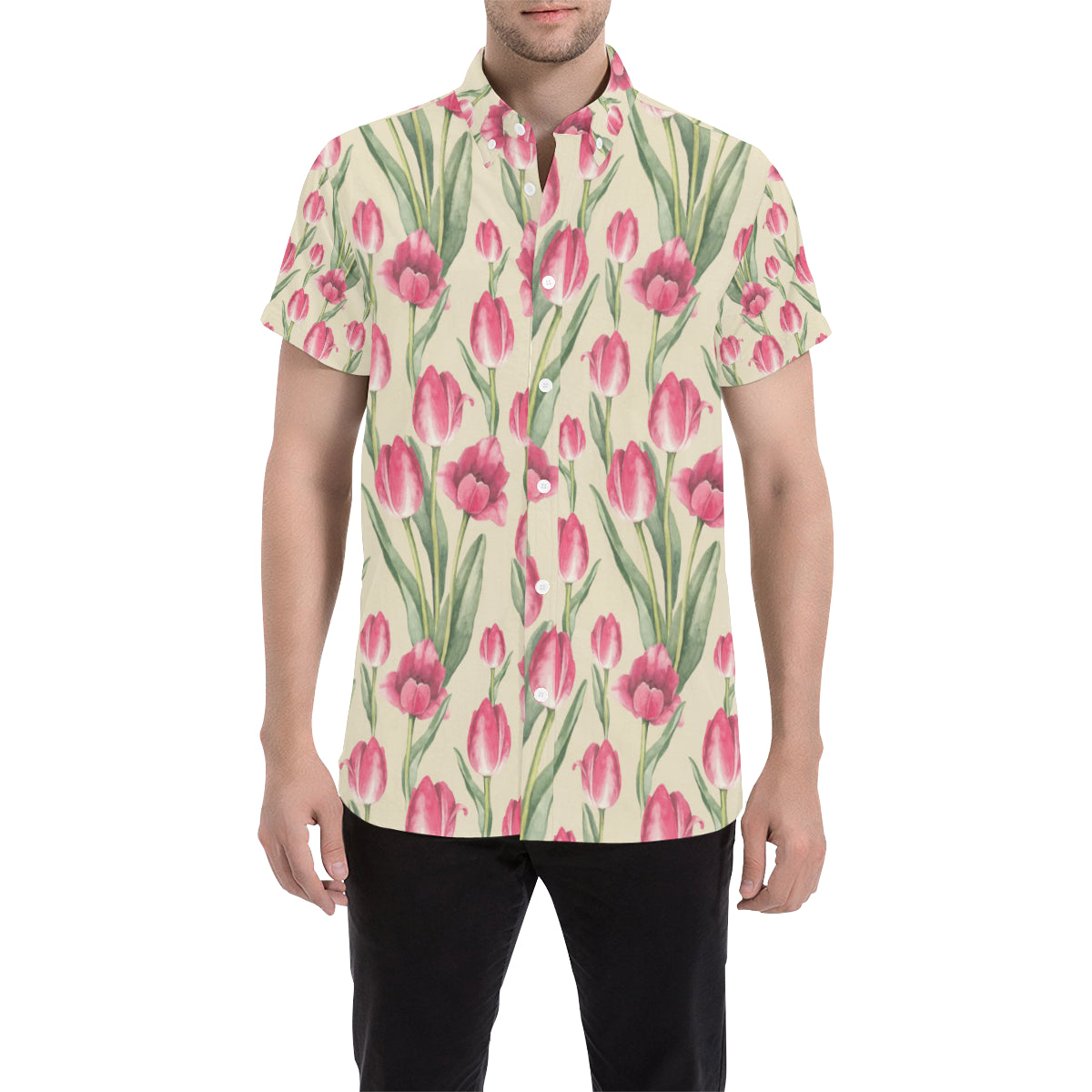 Tulip Pink Pattern Print Design TP06 Men's Short Sleeve Button Up Shirt