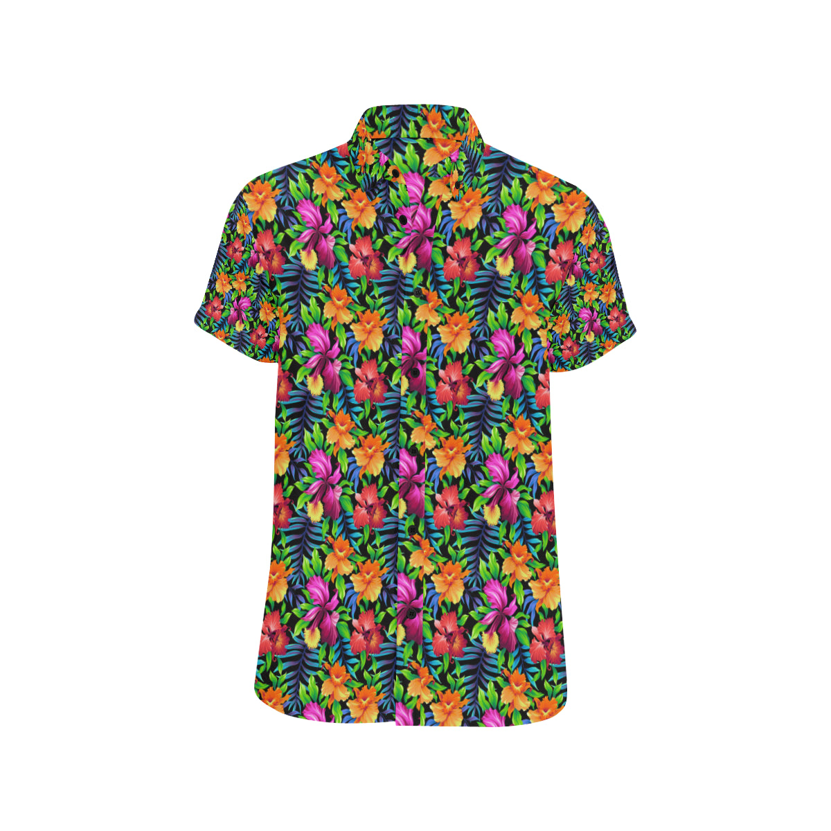 Tropical Folower Colorful Print Men's Short Sleeve Button Up Shirt