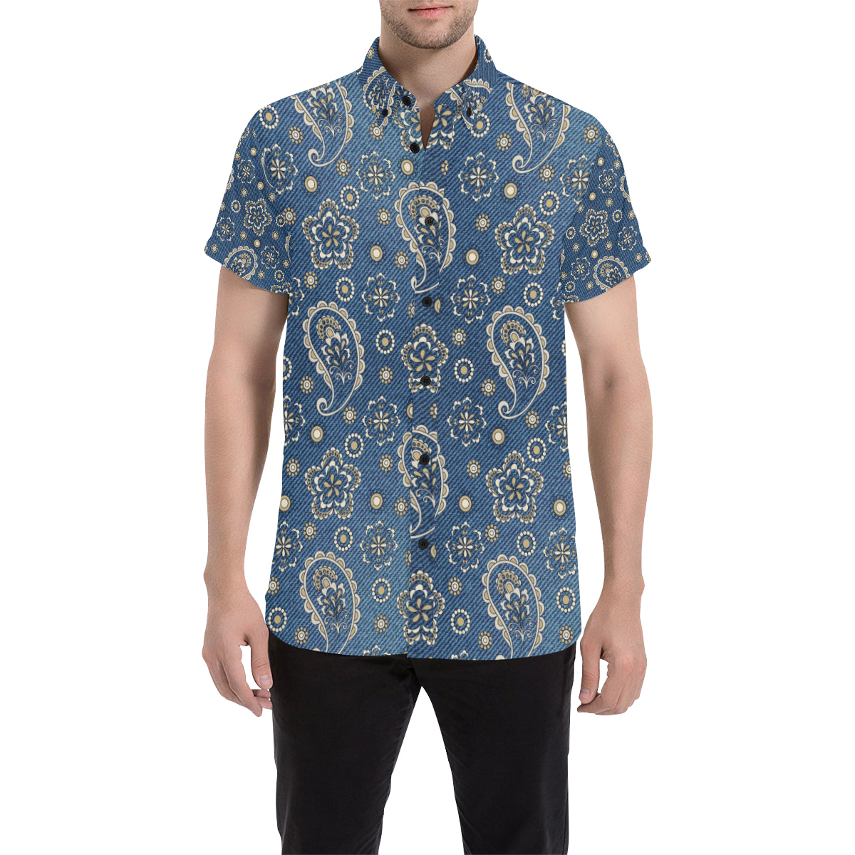 Jean Paisley Pattern Print Design 01 Men's Short Sleeve Button Up Shirt