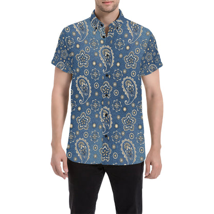 Jean Paisley Pattern Print Design 01 Men's Short Sleeve Button Up Shirt