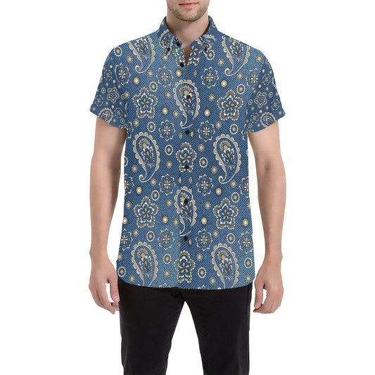 Jean Paisley Pattern Print Design 01 Men's Short Sleeve Button Up Shirt