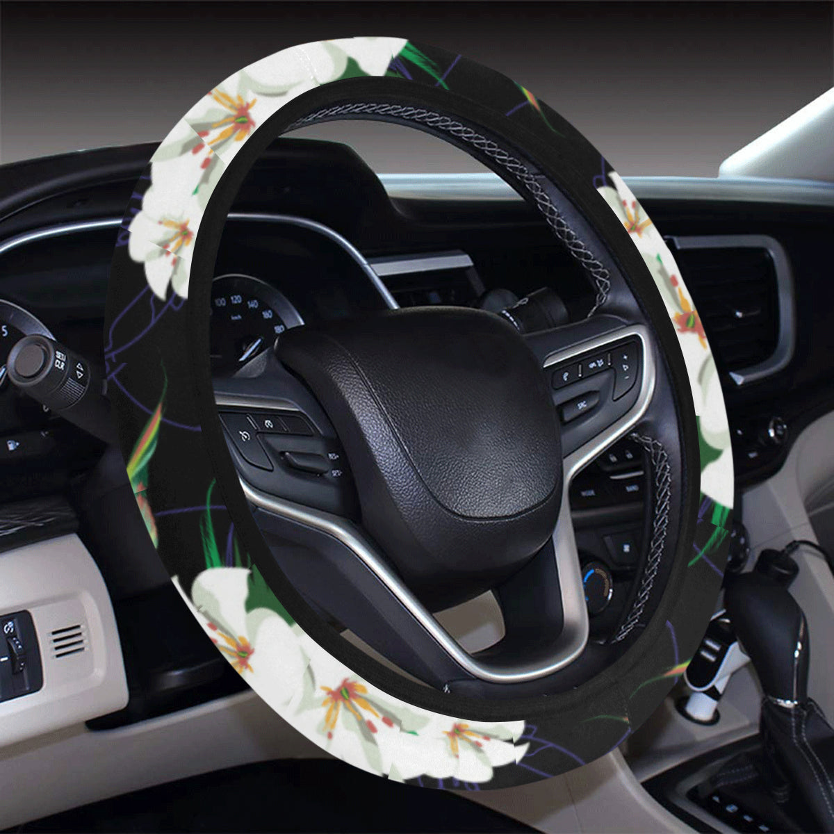 Hummingbird with Flower Pattern Print Design 03 Steering Wheel Cover with Elastic Edge