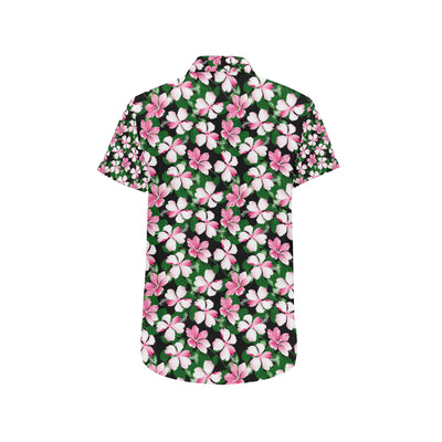 Hibiscus Pink Flower Hawaiian Print Men's Short Sleeve Button Up Shirt