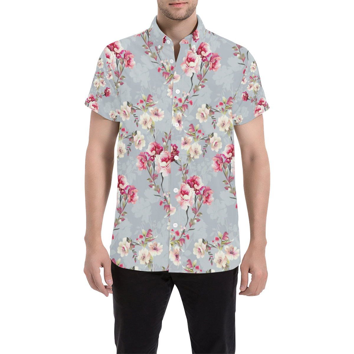 Summer Floral Pattern Print Design SF02 Men's Short Sleeve Button Up Shirt