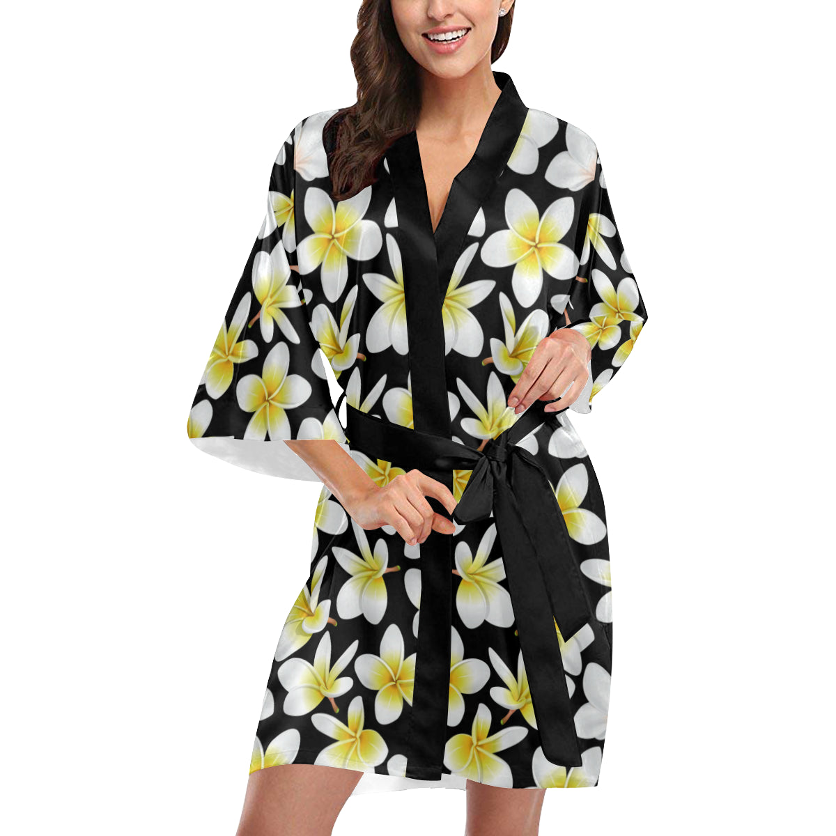 Yellow Plumeria Hawaiian Flowers Women's Short Kimono
