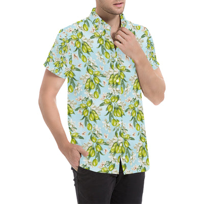 Elegant Olive Floral Print Men's Short Sleeve Button Up Shirt