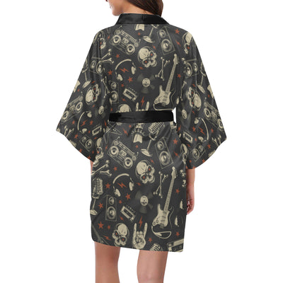 Rock and Roll Skull Pattern Print Design A03 Women's Short Kimono