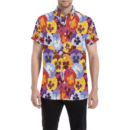 Pansy Pattern Print Design PS01 Men's Short Sleeve Button Up Shirt