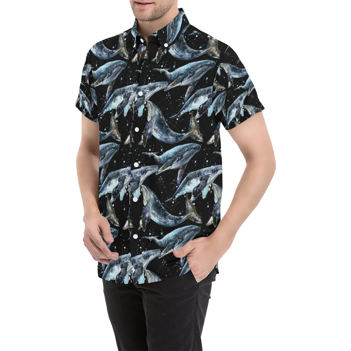 Humpback Whale Pattern Print Design 01 Men's Short Sleeve Button Up Shirt