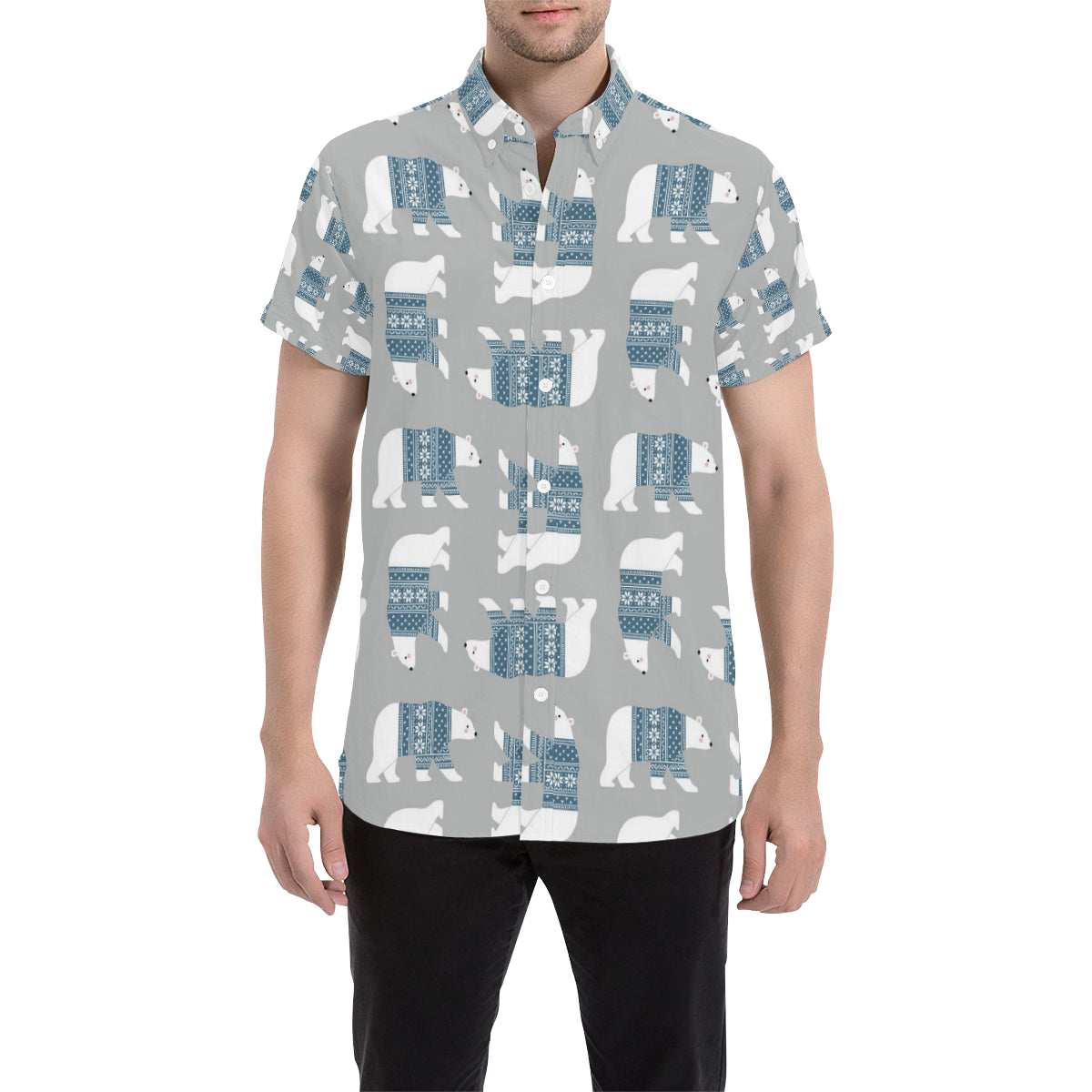 Polar Bear Pattern Print Design A03 Men's Short Sleeve Button Up Shirt