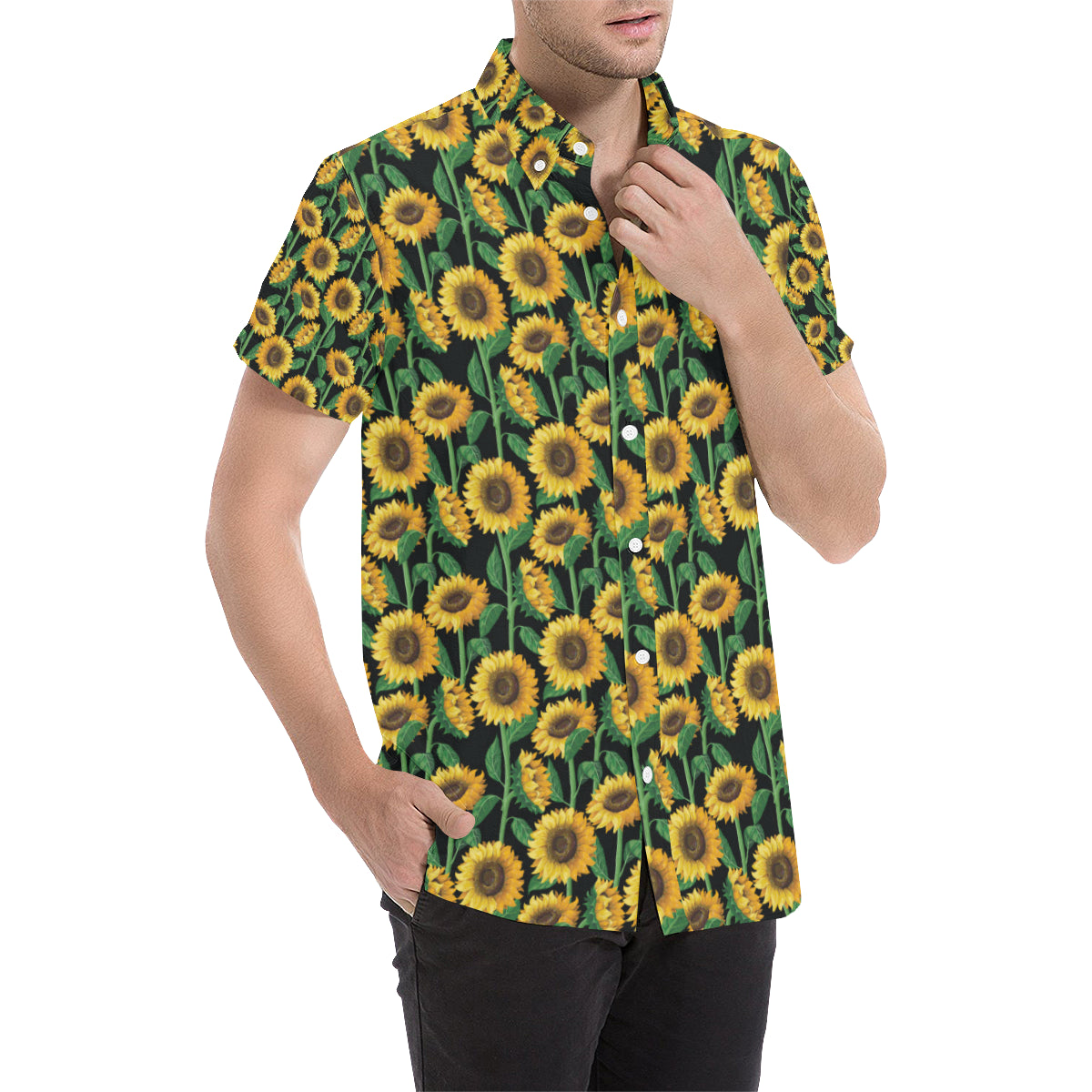 Sunflower Realistic Print Pattern Men's Short Sleeve Button Up Shirt