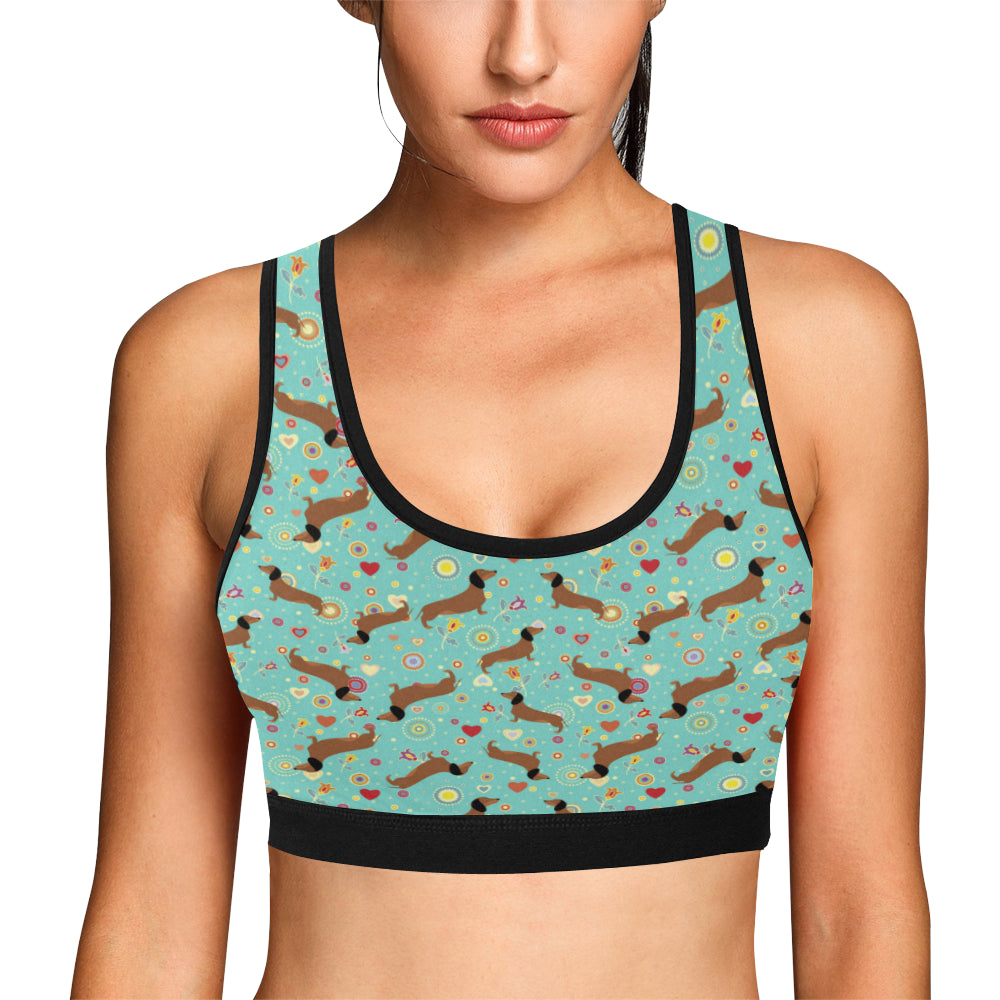 Dachshund with Floral Print Pattern Sports Bra