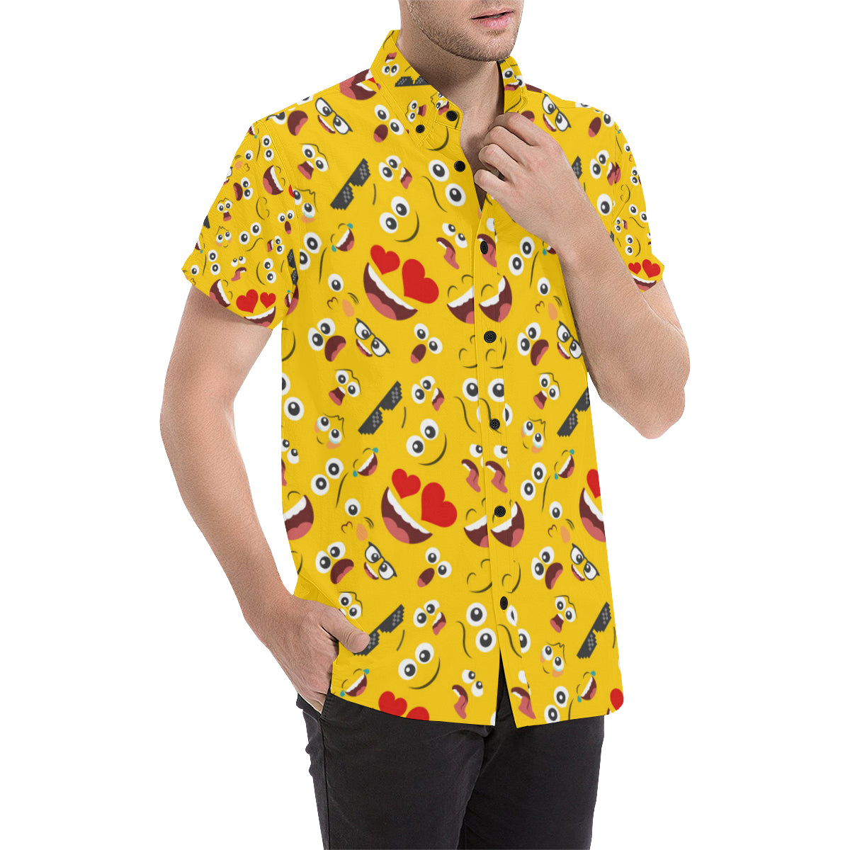 Emoji Face Print Pattern Men's Short Sleeve Button Up Shirt