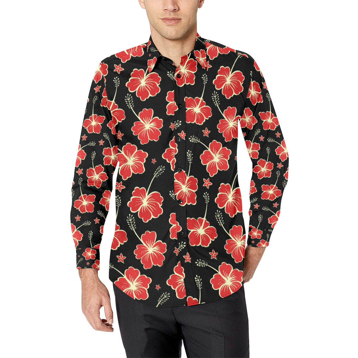 Red Hibiscus Pattern Print Design HB021 Men's Long Sleeve Shirt