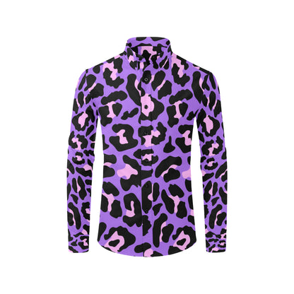 Cheetah Purple Neon Print Pattern Men's Long Sleeve Shirt