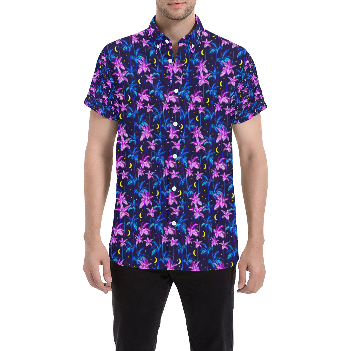 Palm Tree Night Scene Design Print Men's Short Sleeve Button Up Shirt