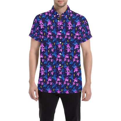 Palm Tree Night Scene Design Print Men's Short Sleeve Button Up Shirt