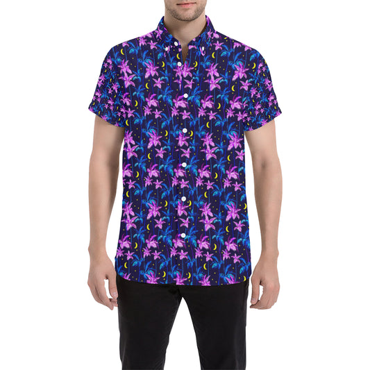 Palm Tree Night Scene Design Print Men's Short Sleeve Button Up Shirt