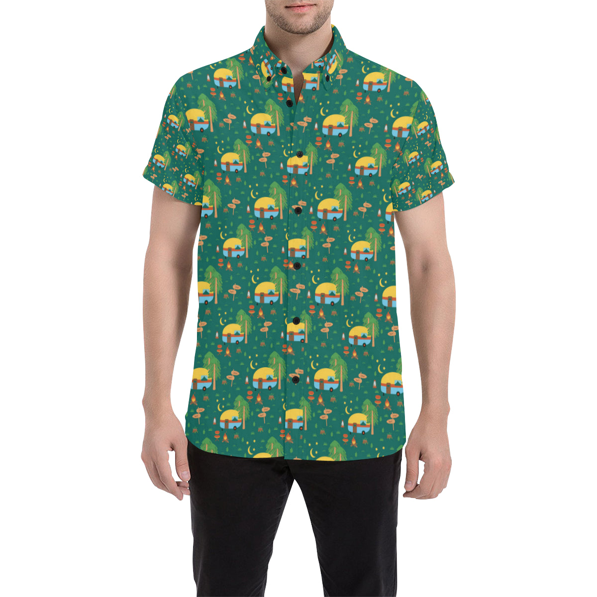 Camping Camper Pattern Print Design 06 Men's Short Sleeve Button Up Shirt