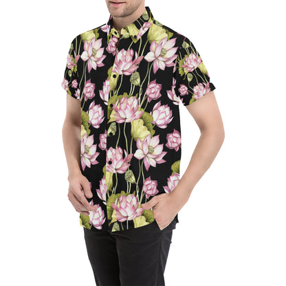 Water Lily Pattern Print Design WL06 Men's Short Sleeve Button Up Shirt