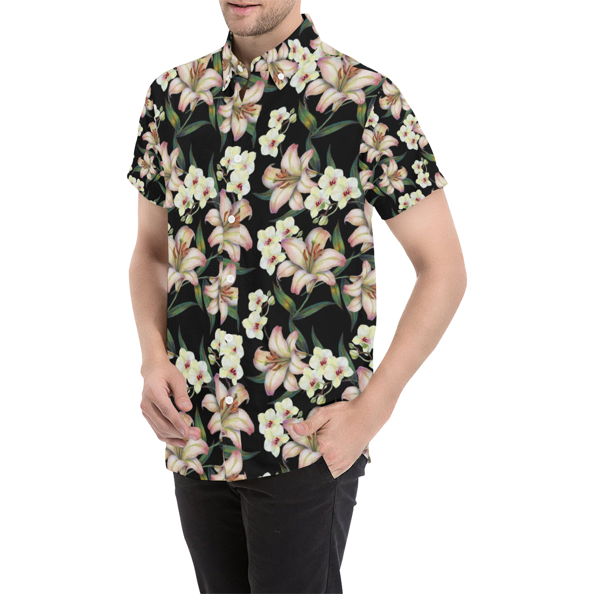 Lily Pattern Print Design LY03 Men's Short Sleeve Button Up Shirt