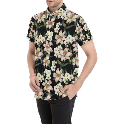 Lily Pattern Print Design LY03 Men's Short Sleeve Button Up Shirt