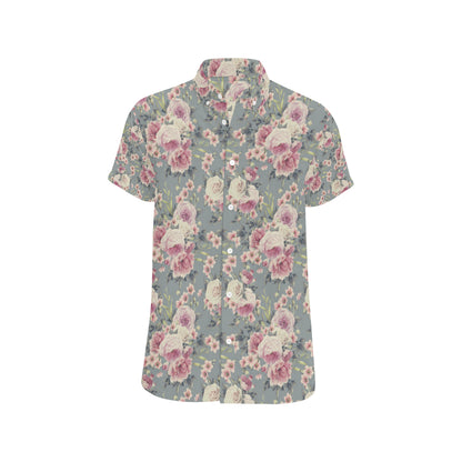 Peony Pattern Print Design PE05 Men's Short Sleeve Button Up Shirt