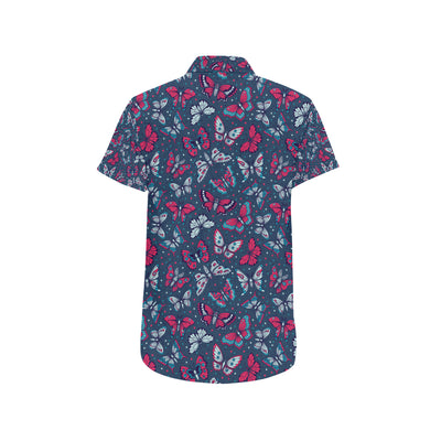 Butterfly Red Deep Blue Print Pattern Men's Short Sleeve Button Up Shirt