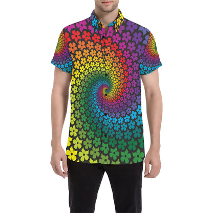 Flower Power Rainbow Spiral Print Men's Short Sleeve Button Up Shirt