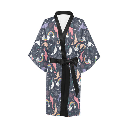 Narwhal Pattern Print Design 01 Women's Short Kimono