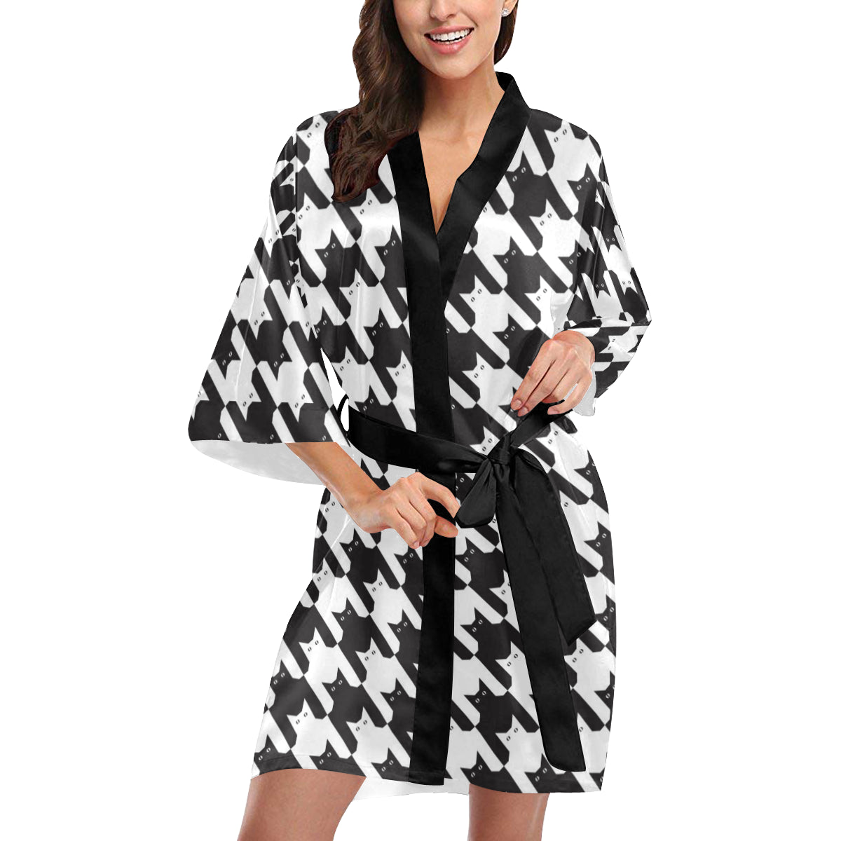 Cat HoundstoothPattern Print Design 01 Women's Short Kimono