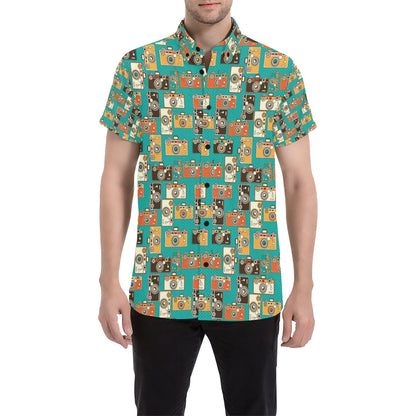 Camera Pattern Print Design 02 Men's Short Sleeve Button Up Shirt