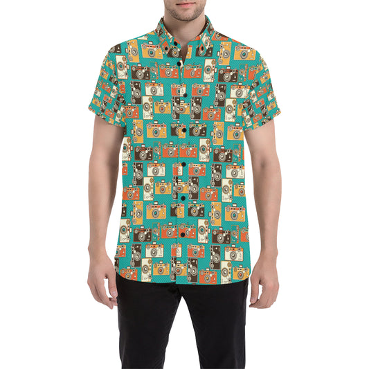 Camera Pattern Print Design 02 Men's Short Sleeve Button Up Shirt