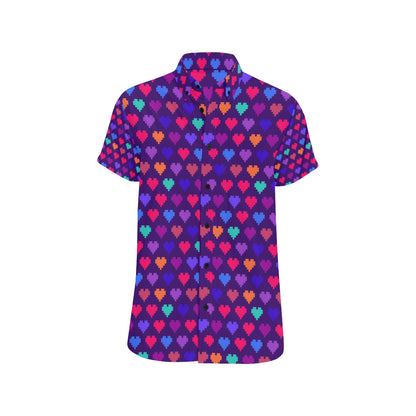 Heart Pixel Pattern Print Design HE03 Men's Short Sleeve Button Up Shirt