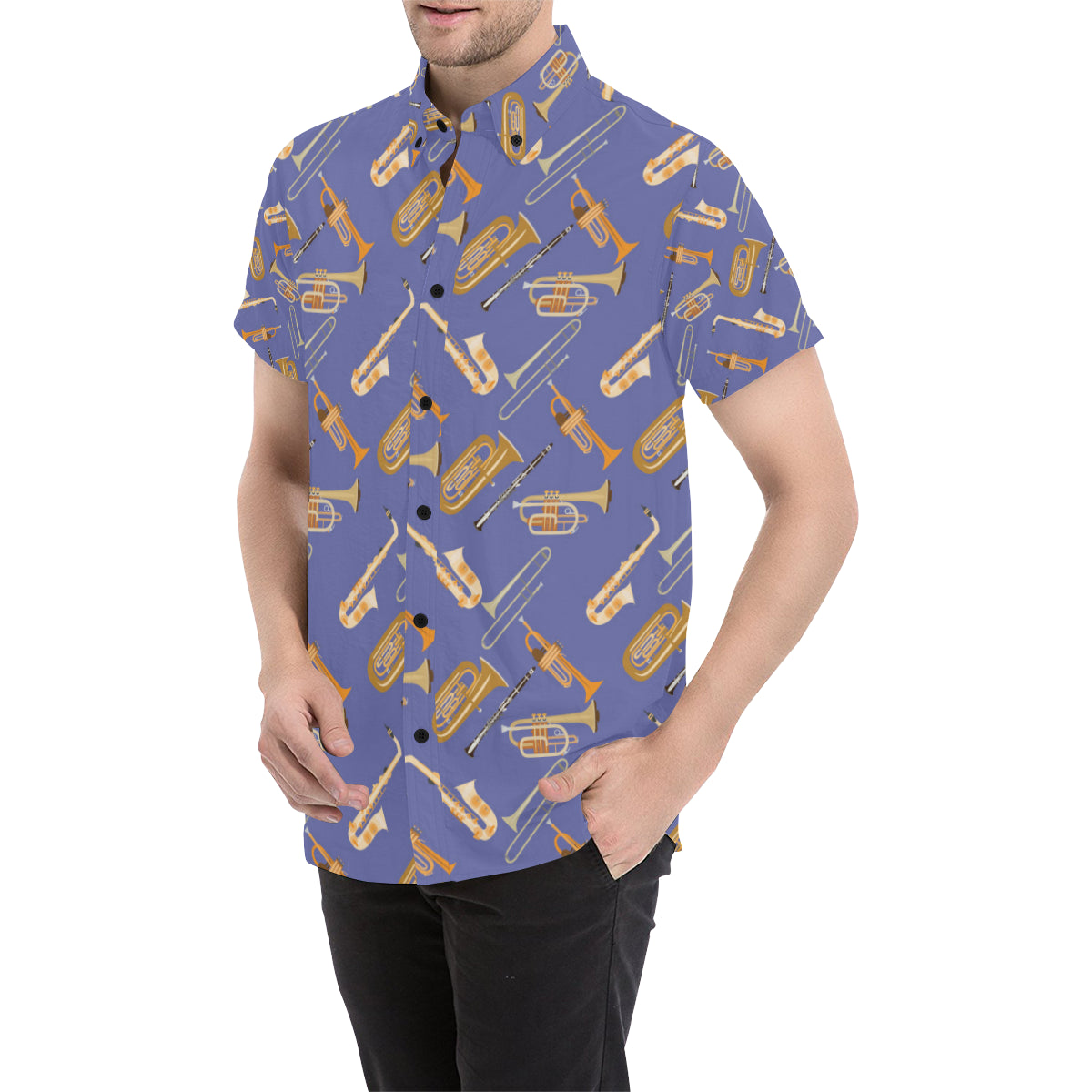 Trombone Pattern Print Design 02 Men's Short Sleeve Button Up Shirt
