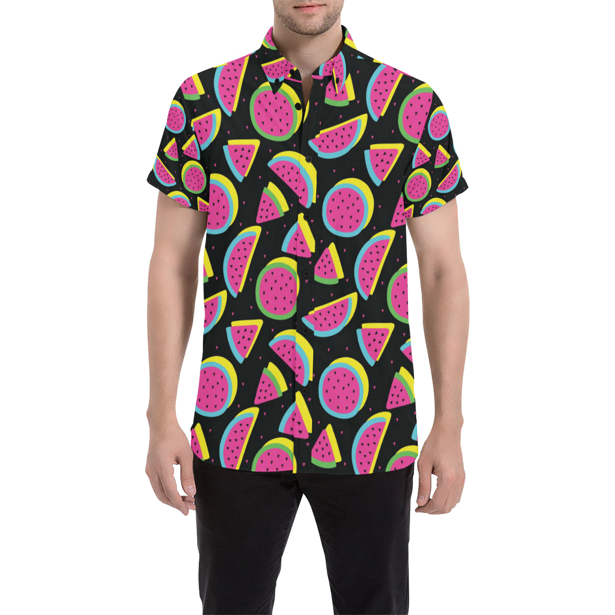 Watermelon Pattern Print Design WM07 Men's Short Sleeve Button Up Shirt
