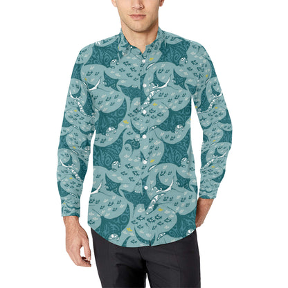 Manta Ray Tribal Pattern Print Design 03 Men's Long Sleeve Shirt