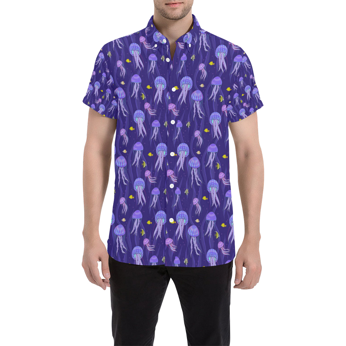 Jellyfish Style Print Men's Short Sleeve Button Up Shirt
