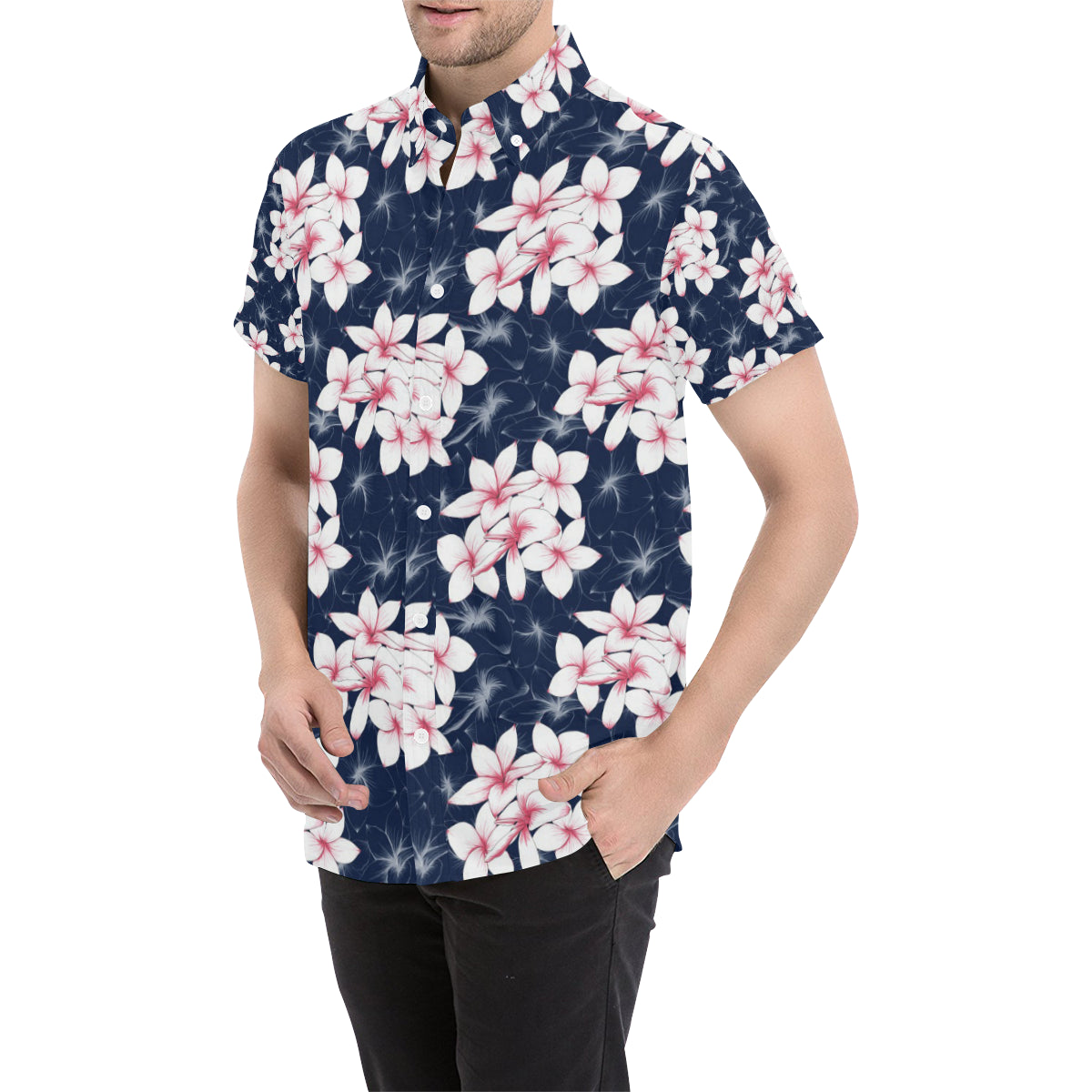 Plumeria Pattern Print Design PM017 Men's Short Sleeve Button Up Shirt