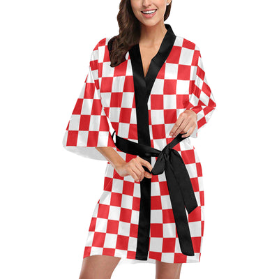 Checkered Red Pattern Print Design 04 Women's Short Kimono