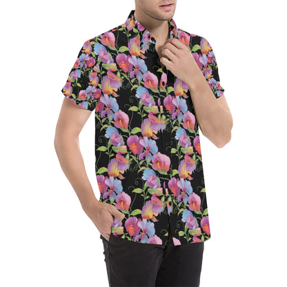 Peony Pattern Print Design PE012 Men's Short Sleeve Button Up Shirt
